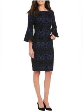 Jessica Howard Dark Blue Damask Brocade Black Velvet Sheath Dress Bell Sleeves